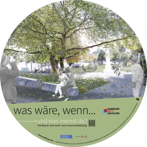 Visualisierung, die Menschen auf einem Platz zeigt, der sehr begrünt ist.